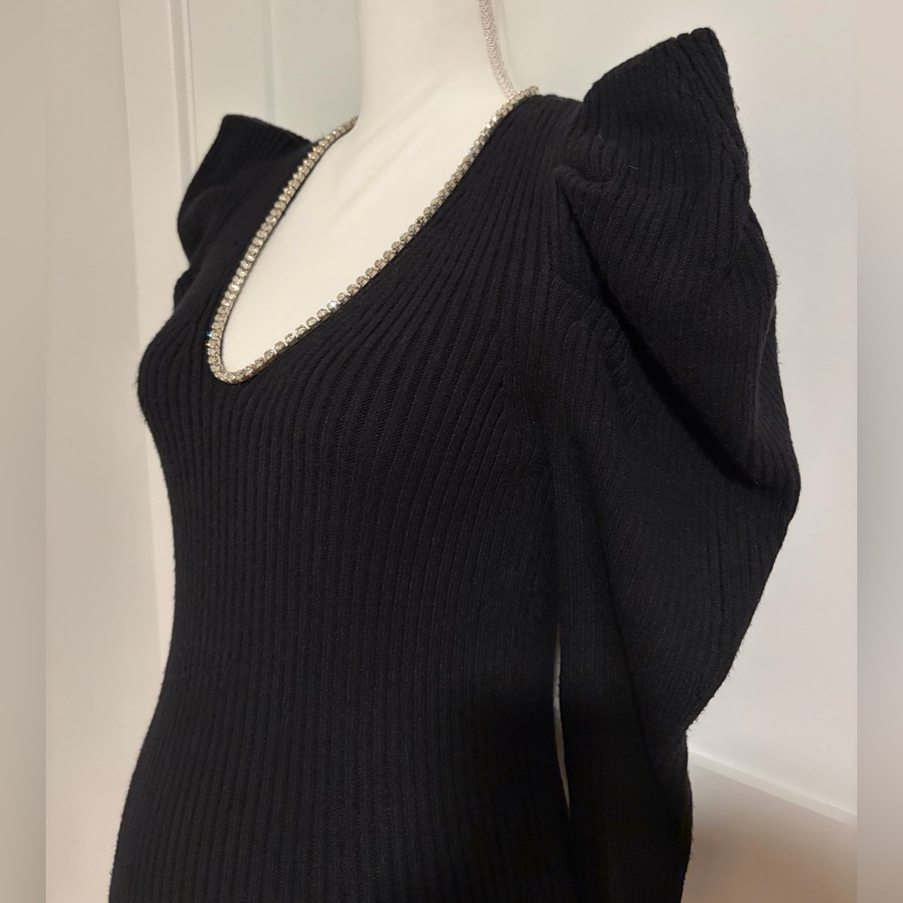 Express Black Ribbed Crystal Encrusted Neckline Puff Shoulder Sweater Women’s Sm - Picture 5 of 10